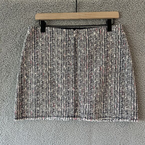 Theory Skirt 6 Small Mini Tweed Knit Raw Hem Exposed Zip Black White Red Boho - Picture 3 of 14